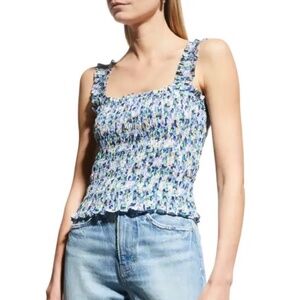 $298 Veronica Beard Blue Averie Printed Smocked Cropped Tank Top Size Small